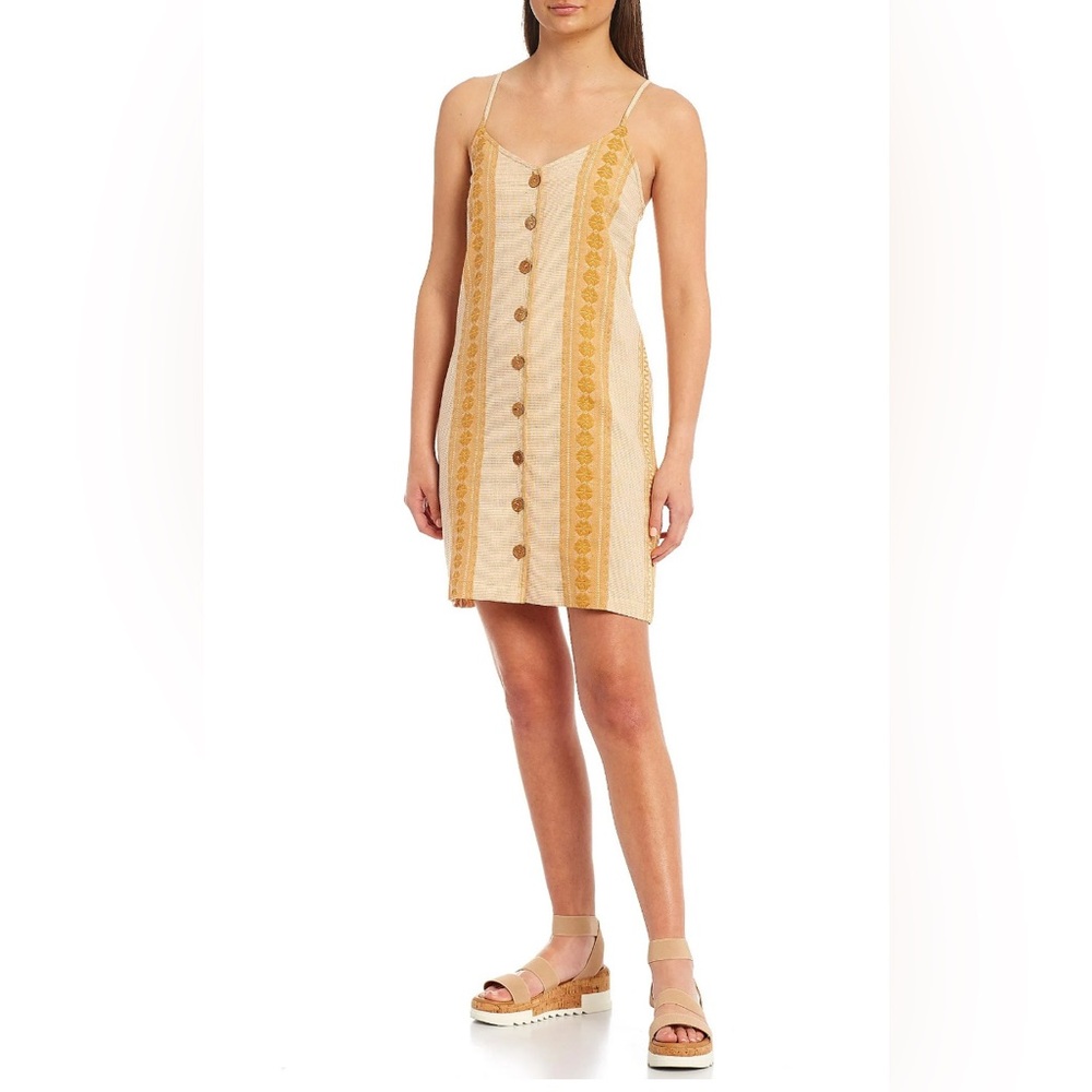 Rip Curl Alma Front Button V-Neck Stripe Mini Embroidered Dress Beige/Gold Large